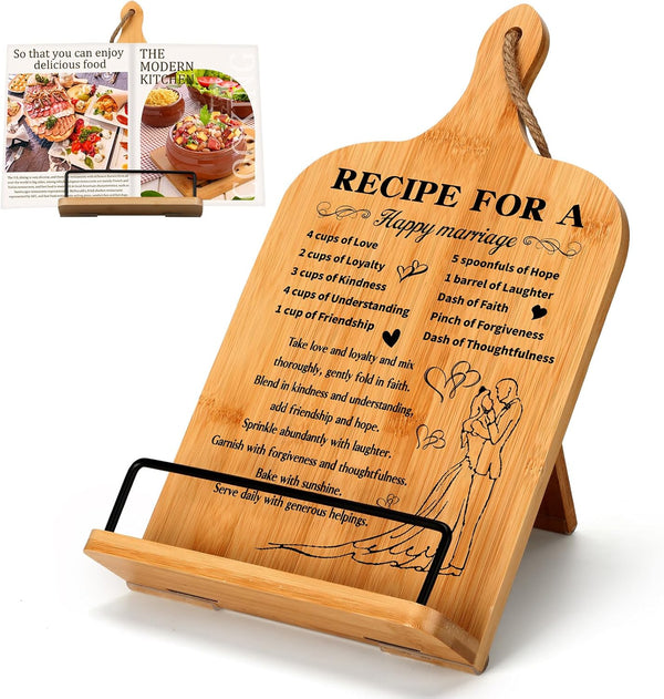 Wedding Gift for Couple: Bamboo Cookbook Stand, Recipe Book Holder, Happy Anniversary Gift for Her, Bridal Shower Gift