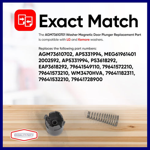 IMPROVED Washer Magnetic Door Plunger + Spring Replacement Part by DR Quality Parts for LG, Kenmore Washing Machines