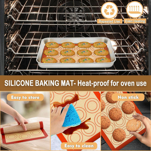 Mini Toaster Oven Pan Set, P&P CHEF 9 Inch Stainless Steel Tray with Rack & Silicone Mat for Small Oven, 3Pcs