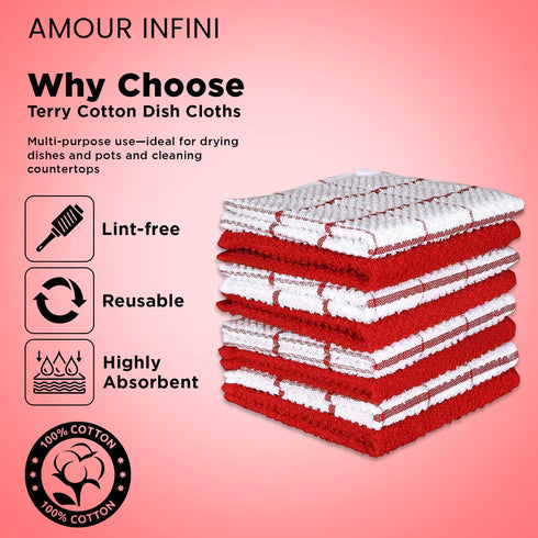Set 8 (12"x12" Inch) AMOUR INFINI Cotton Kitchen Dish Cloths of Highly Absorbent, Super Soft Premium Terry Cleaning