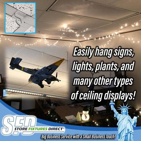 STORE FIXTURES DIRECT Extra Heavy Duty White Aluminum Drop Ceiling Hooks - One Piece Ceiling Grid Clips, 5 Pack