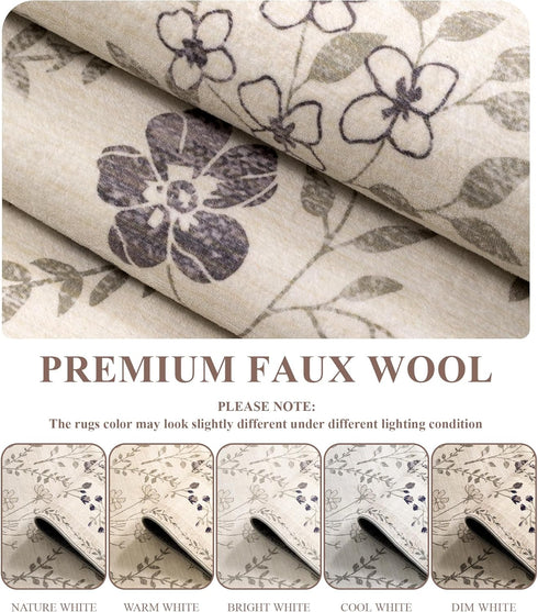 5x7 YIHOUSE Washable Area Rugs for Bedroom Girls, Beige Floral Rug for Living Room Non Slip Ultra-Thin, Large Boho