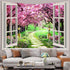 Japanese Cherry Blossom Window Tapestry, Botanical Floral Natural Landscape Aesthetic Tapestry for Home Decor