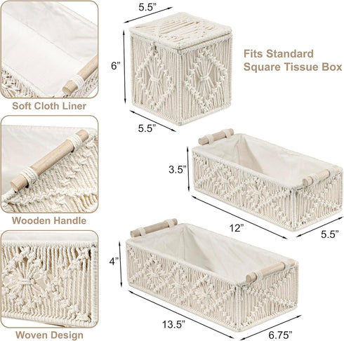 Set Set Sorbus Macrame Boho Decor Baskets & Tissue Holder - Decorative Woven Baskets for Bathroom Shelves - Lined