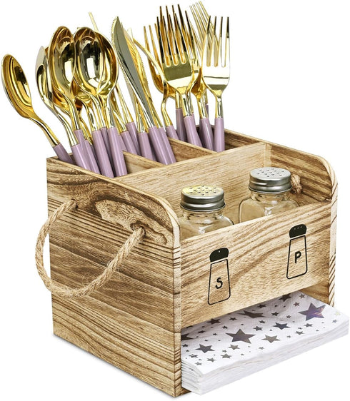 Ikee Design 2 Piece Wooden Utensil Caddy Set - Includes Free Salt Pepper Shaker, Oak Color Silverware Holder for Kitchen