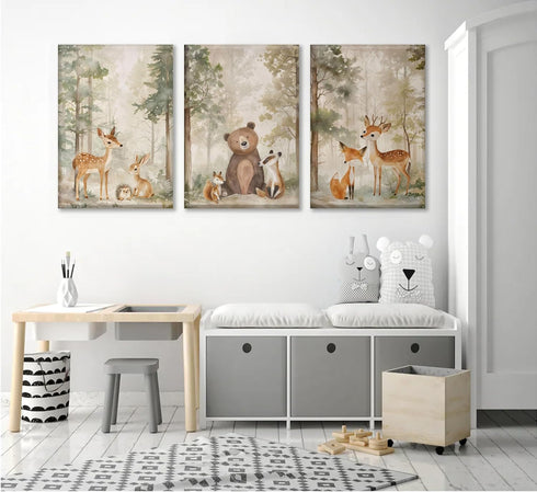 3Pcs MIZILI Woodland Animal Nursery Canvas wall art Wild Animals Forest Paintings Pictures Wall Decor Fox Bear Deer