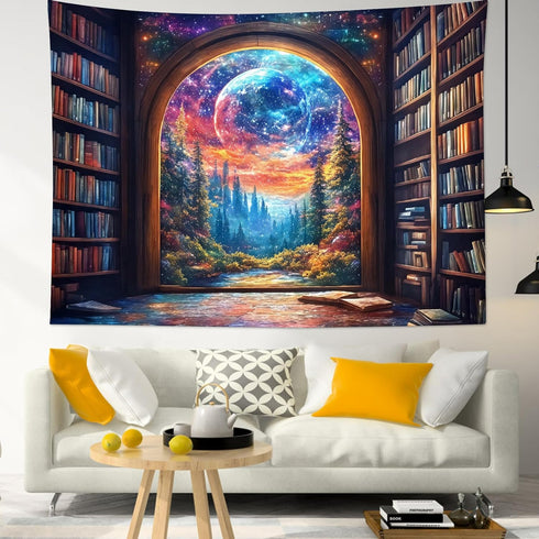 LB Fantasy Bookshelf Moon Tapestry, Forest Tree and Vintage Library Classroom Wall