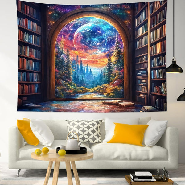 LB Fantasy Bookshelf Moon Tapestry, Forest Tree and Vintage Library Classroom Wall