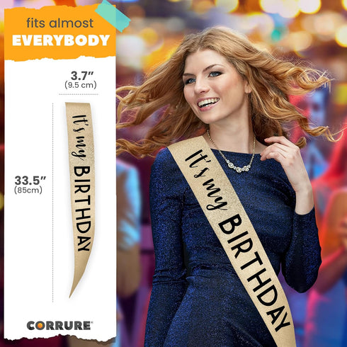 CORRURE 'It's My Birthday' Sash Glitter with Black Foil, Gold Glitter Birthday Sash for Women and Men, Happy Birthday
