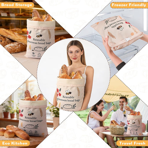 2 Pack XL Reusable Beeswax Bread Bags for Sourdough Baking, Organic Waxed Lined, Cotton Bread Bags for Homemade Bread
