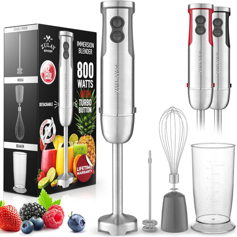 Zulay 3-in-1 Handheld Immersion Blender - 800 Watt with 12 Speeds, Whisk, Frother & Stick Blender (Gray)