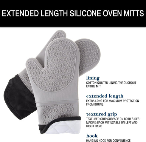 Silicone Oven Mitts – Extra Long Professional Quality Heat Resistant with Quilted Lining, 1 Pair Gray by Lavish Home