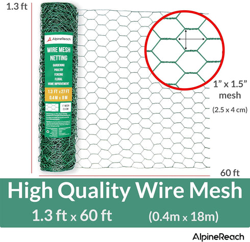1.3ft 60ft (15.6" 720") AlpineReach Chicken Wire x Fencing for Poultry, Crafts, Floral Arrangements, Zip Ties - Green