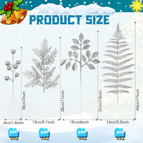 Moucuny Set Home(Silver,80 Christmas Glitter Artificial Picks Leaf Sprays Cedar Picks Glitter Berries Stems Tropical