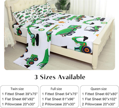 Set 4PC Set 1 1 2 Sheet Green Tractor: Full Size Cartoon Excavator Truck Bed Sheets for Boys Kids Toddler Deep Pocket