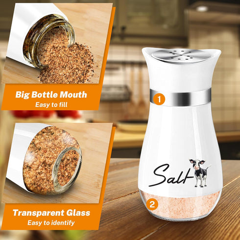 Cow Salt and Pepper Shakers Set, 4 oz Glass Bottom Shaker with Stainless Steel Lid, Country Kitchen Decor (Farmhouse