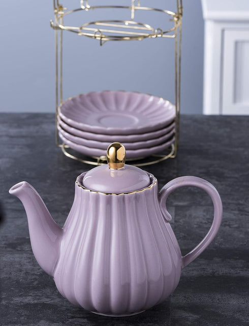 8 OZ Set, 17-Pieces (FD-TW17PC Set, Jusalpha Fine China Purple Coffee Cup/Teacup, Saucer, Spoons, Teapot and Creamer