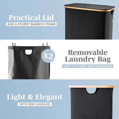 Lonbet Double Laundry Hamper with Lid Cover, Bamboo Dual Section Basket, Removable Bags, 39.6 Gallons (Black)