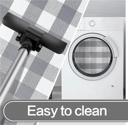 SEEKSEE 27.5"x43" Cotton Buffalo Plaid Rug, Gray and White Checked Washable Doormat for Indoor Outdoor Layered Entry