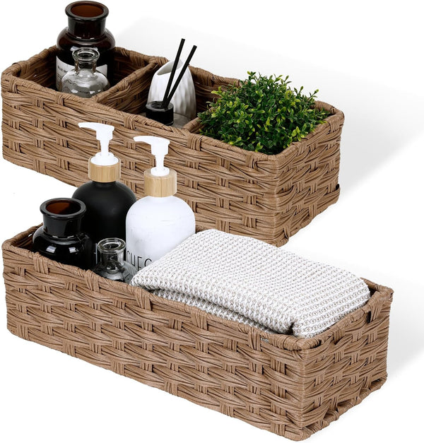 DULLEMELO Small Bathroom Basket, Wicker Toilet Tank Organizer, Set of 2 Waterproof Baskets for Organizing