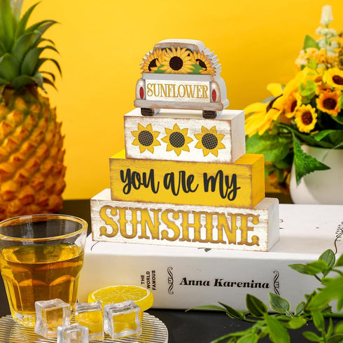 4 Pcs Summer Wooden Tiered Tray Decor, Rustic Fake Book Stack Sign for Home Office Decorative Table Decor