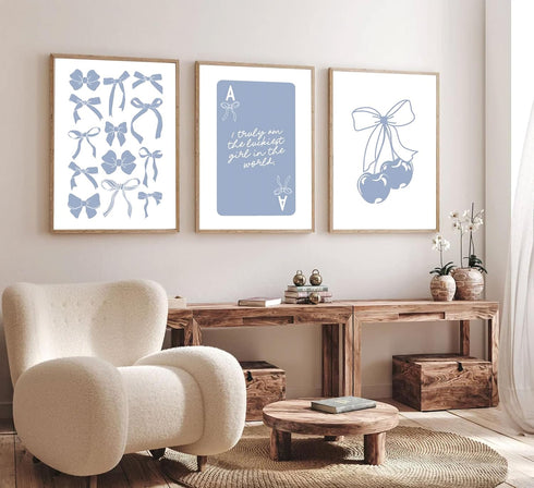 Preppy Blue Bows Canvas Wall Art | Trendy College Apartment Prints, Lucky Girl Syndrome Posters, Aesthetic Girly Wall