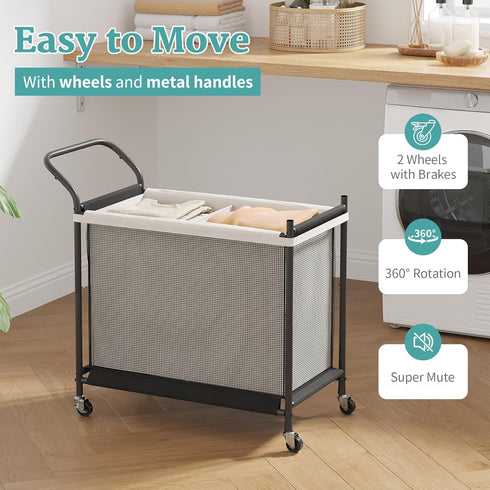 2 120L, Laundry Hamper with Wheels - Section Laundry Basket Removable Washable Bags, Height-Fitted Rolling Laundry Cart