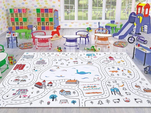 Estmy 4x6 Washable City Road Map Kids Play Rugs Non Slip, Cute Whimsical Nursery Rugs for Girls Boys Bedroom, Thin Pile