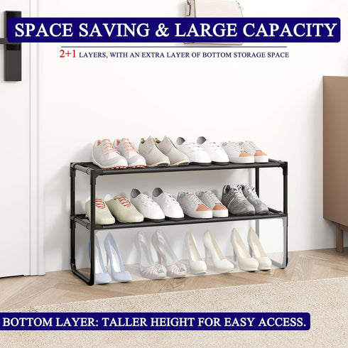 COAPUKT 2-Tier Closet, 12-15 Space-Saving,Black(35.8" Long Shoe Rack, Stackable Shoe Organizer for Entryway, Hallway