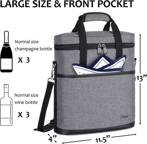 Tirrinia Insulated Wine Gift Carrier - 3 Bottle Travel Cooler Tote Bag with Handle, Grey