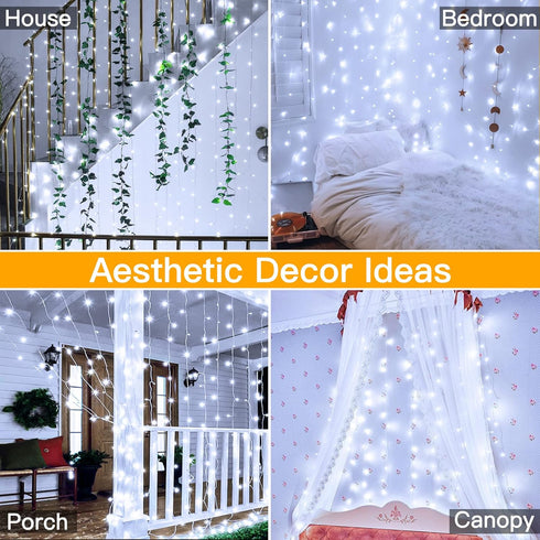 Ollny Curtain Lights 6.6x6.6ft, 200 LED White String Lights with Remote, USB Power Fairy Light for Wedding Decor