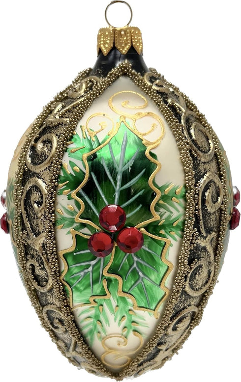 5-Inch Faberg Egg Blown Glass Christmas Tree Ornament Mistletoe Leaf Gold