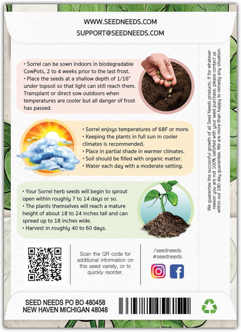 (2 Packs) Seed Needs Large Leaf Sorrel Seeds for Planting - Heirloom Non-GMO & Untreated Medicinal or Culinary Herb