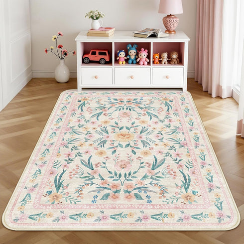 5x8 Pink Boho Rug with Rounded Corners Washable Floral Pastel Non-Slip Area Rug for Nursery, Girls Bedroom, Kids Room