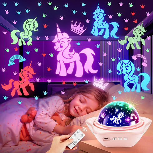 Kids Night Light Projector, 90 Lights 360° Silent Rechargeable Star Light, Dimmable Unicorn Night Light with Timer
