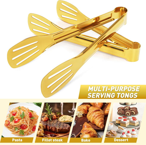 JCREN 6 Pack Serving Tongs, Stainless Steel Buffet Tongs, Small Gold Tongs Serving Set for Parties, 7 Inch