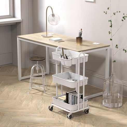 3-Tier Simple Houseware Multifunctional Rolling Utility Cart with Hanging Bucket, White