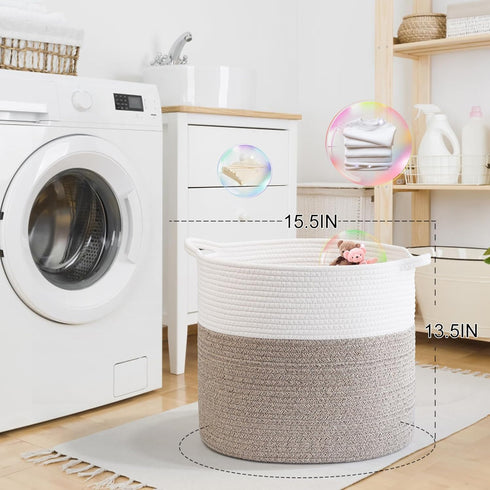 Laundry Hamper, Pure Cotton Rope Woven Basket for Dirty Clothes, 15.5 * 13.5 inches-40L White & Brown Mixed