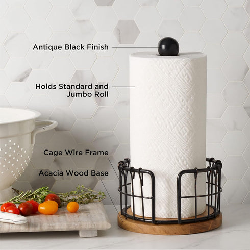 13.25-Inch, Pfaltzgraff Anvil Wire And Acacia Wood Paper Towel Holder, Antique Black