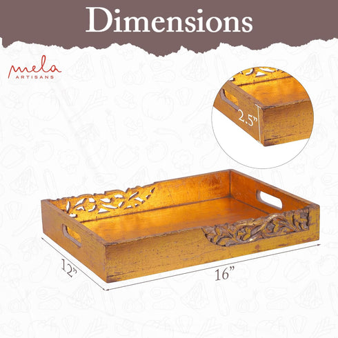16 12 2.5 Coffee Table Tray (Distressed Gold) - Flourish Wood Serving Tray w/Handles for Breakfast in Bed - Mango Wood