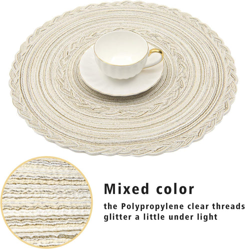 SHACOS Round Placemats Set of 6, Boho Braided Bordered Placemats 15 inch for Dining Tables, Wedding Holiday Party