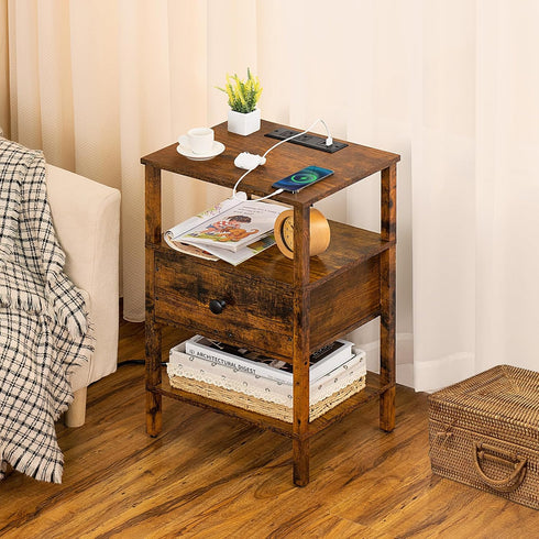 Lerliuo Nightstand with Charging Station and USB Ports, 3-Tier Storage End Table with Drawer, Retro Brown Wood Bedside