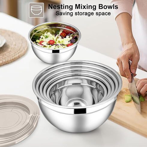 E-far Mixing Bowls with Lids Set, 7-Piece Stainless Steel Mixing Bowls with 3 Grater Attachments for Baking