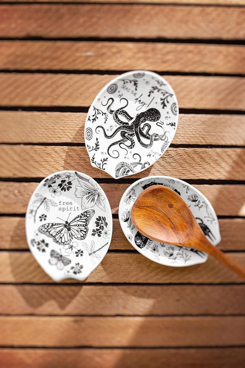 Karma Boho Spoon Rest, Black and White Ceramic Spoon Rest for Countertop