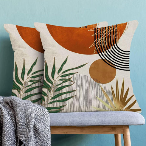 Boho Mid Century Pillow Covers 18x18 Set of 2, Orange Gold Geometric Aesthetic Cushion Cover for Living Room Decor