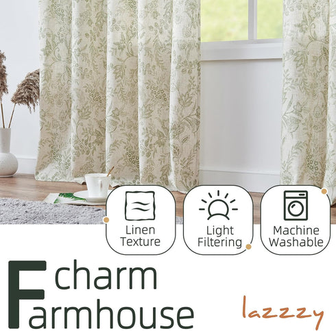 84 Inches Country 2 Set Lazzzy Linen Curtains Farmhouse Green Floral Print Curtains Long Back Tab Drapes for Living