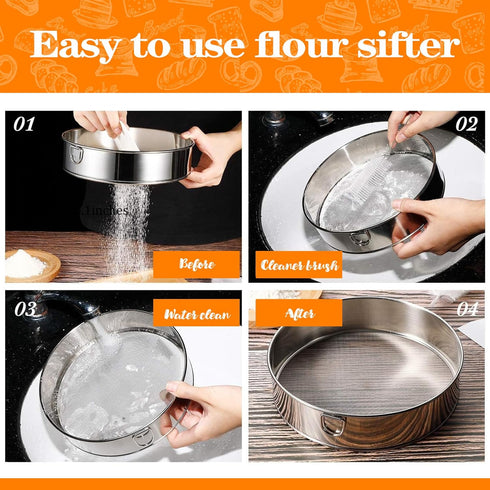 Sifter for Baking,Tamis Flour Sifter Stainless Steel, Round Sifter for Baking Cake Bread, with Dough Scraper, Flour Sifter for baking (Sifter: Diameter : 6-8-10-12inch, Mesh-Hole Size 0.25mm)