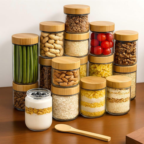 4 Pack 24oz TBWIND Glass Jars with Bamboo Lids, Spoons, Airtight Overnight Oats Containers, Wide Mouth Mason Jars, Food