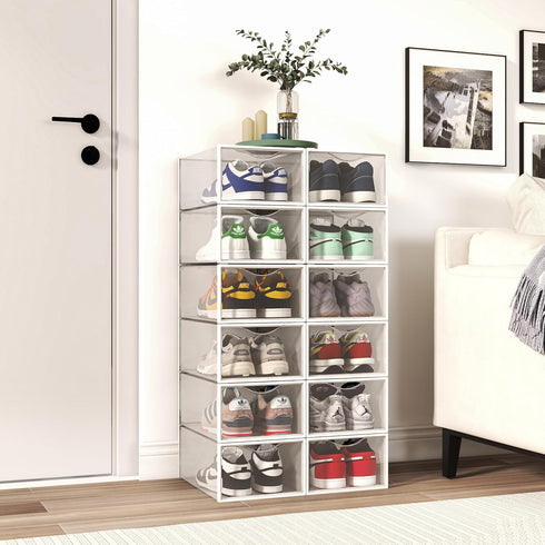 12 Pack Closet, Seseno Shoe Storage Bins, Clear Plastic Stackable Shoe Organizer for Space Saving Foldable Shoe Rack