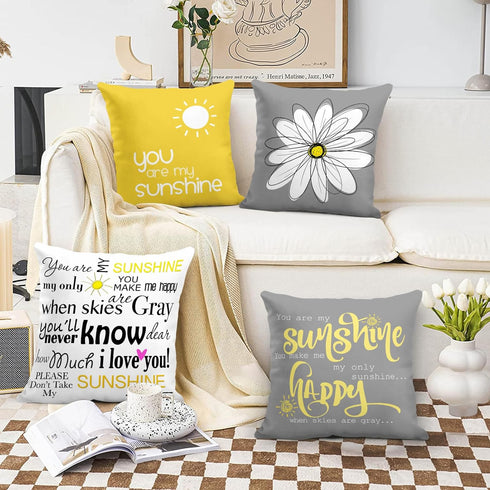 Emvency Set of 4 Decorative Throw Pillow Covers, You are My Sunshine Yellow Gray, Square 18x18 Inches Pillowcases